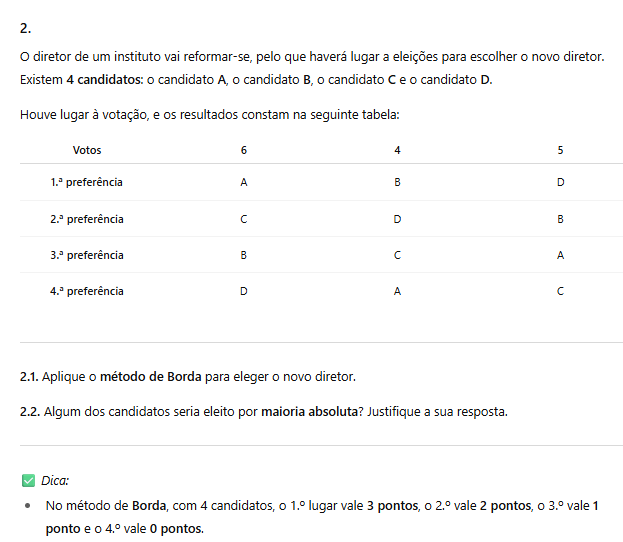 Ficha Revisões - Métodos Hondt, Sainte Lague e Borda