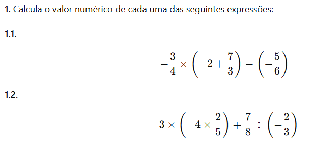 Cálculo valor expressões numéricas - Exercícios