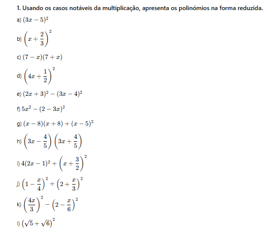 Exercícios de revisão - Casos notáveis da multiplicação
﻿